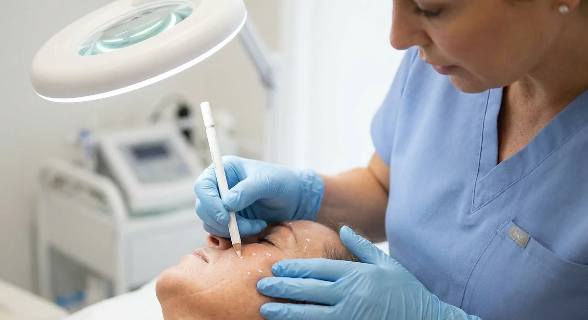 Profissional marcando pontos de referência no rosto de uma paciente durante a análise facial
