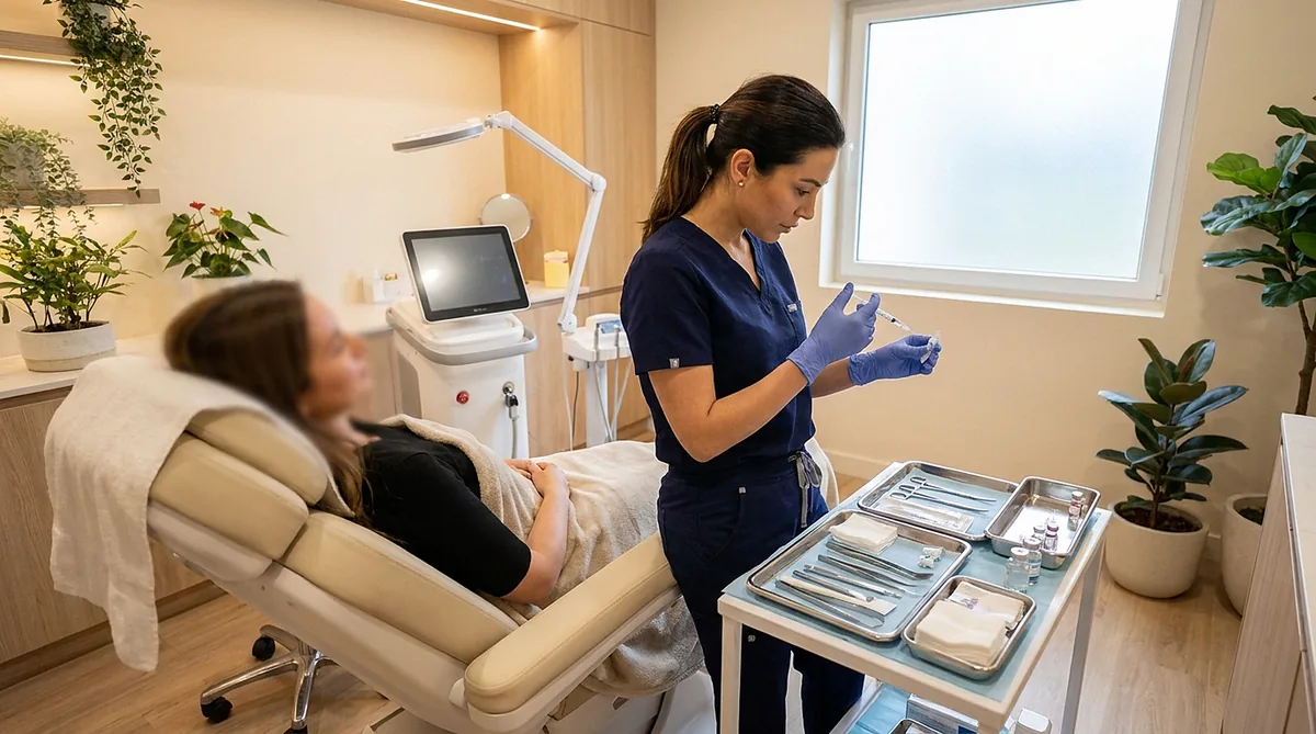 Profissional preparando aplicação em consultório equipado, durante sessão do protocolo de harmonização facial