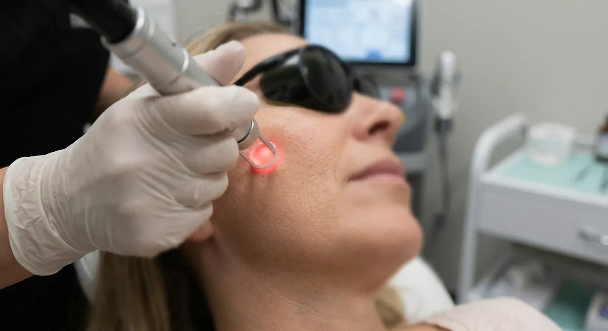 Aplicação de laser facial próximo à região dos olhos, com paciente usando óculos de proteção