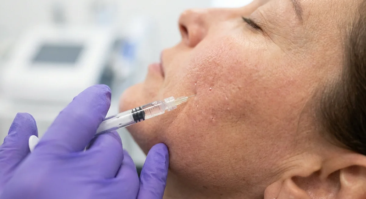 Aplicação de skinbooster no rosto, com textura e poros da pele visíveis de perto